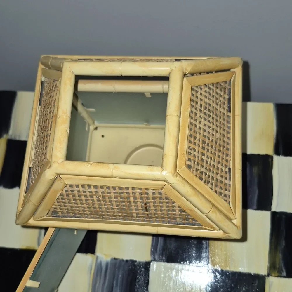 Vintage Metal Bamboo & Raffia MCM Tiki Hut Tea Light Holder Boho